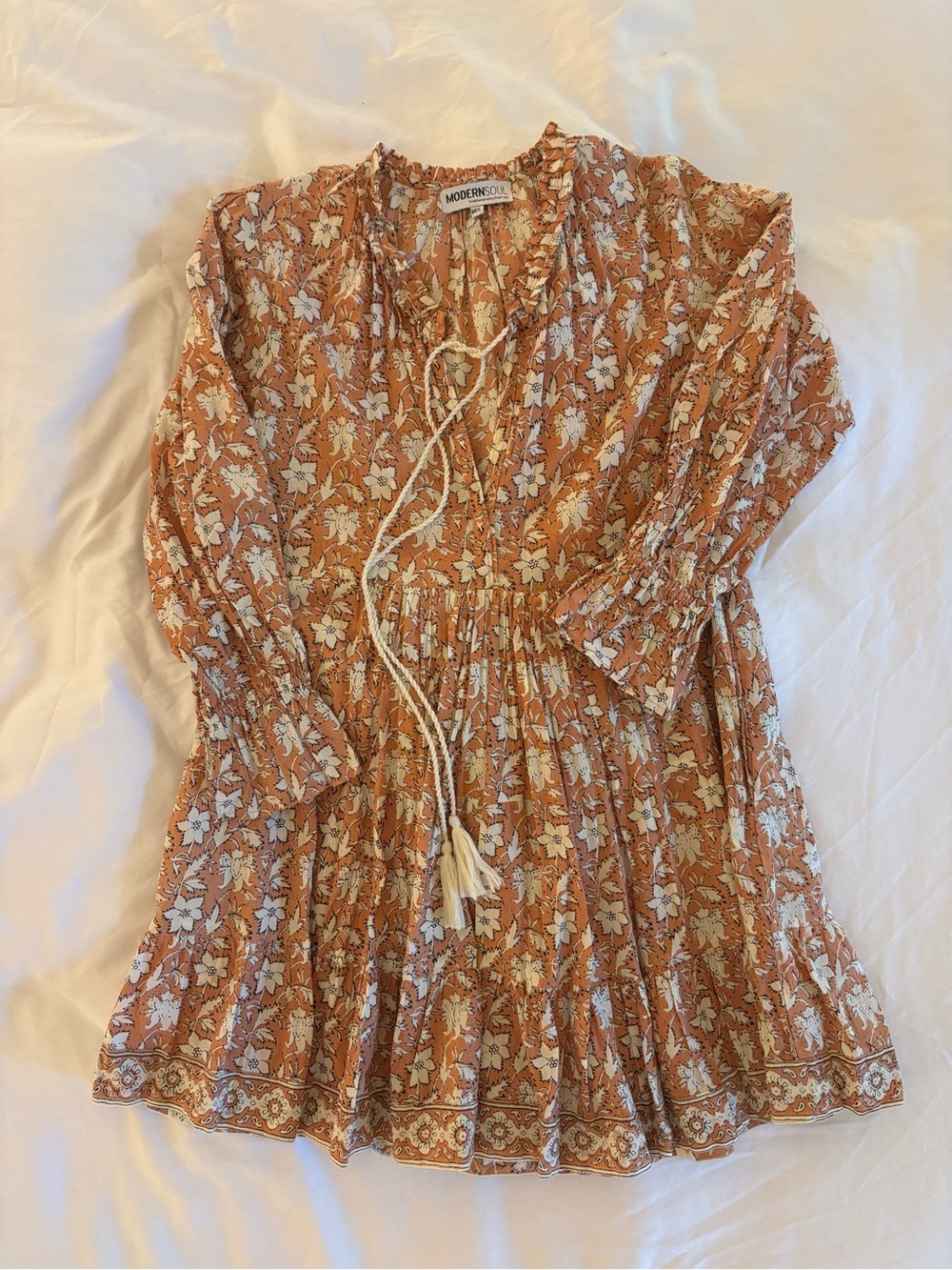 Modern Soul Rust Floral Tiered Long Sleeve Boho Dress